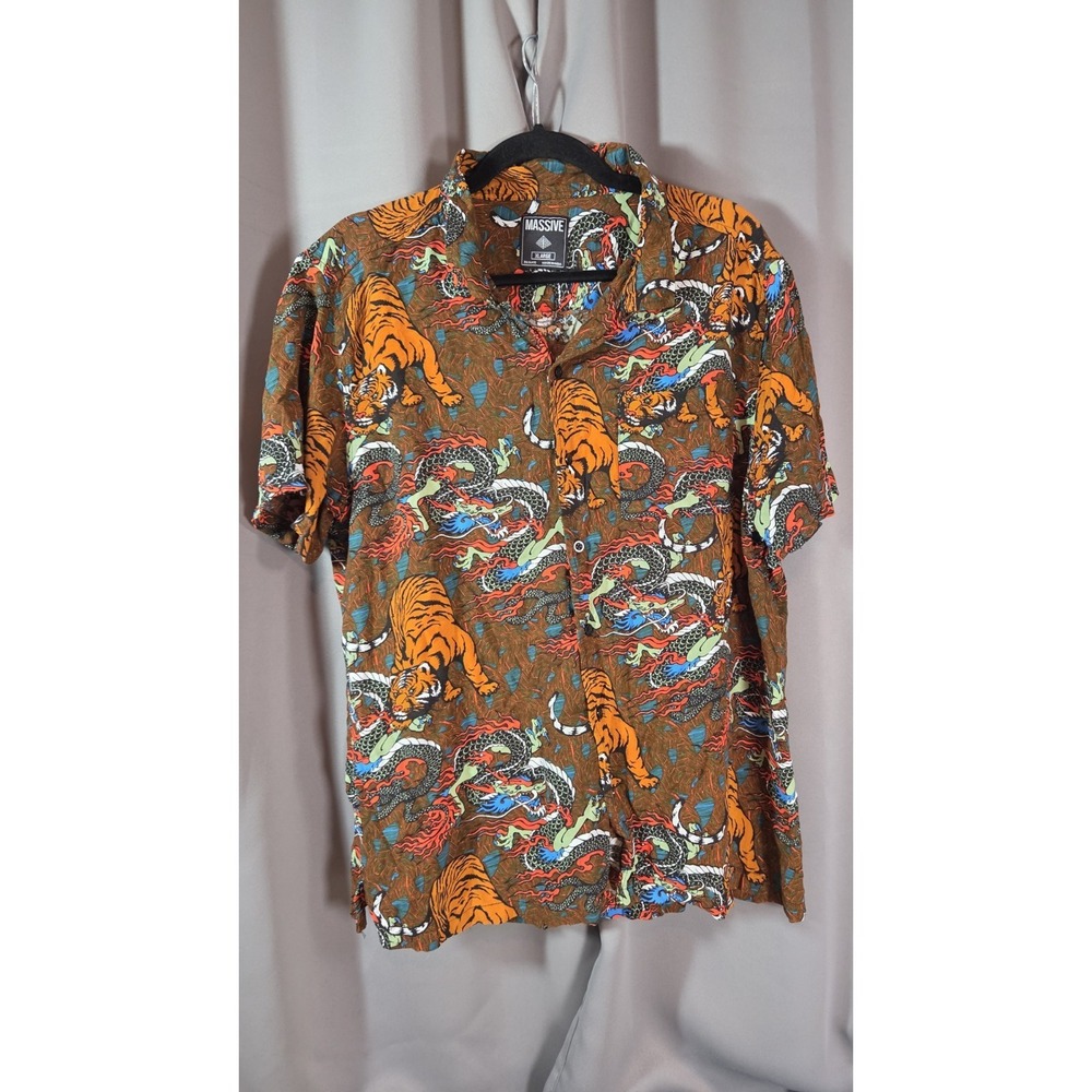 Massive Button Up Shirt Men XL Brown Tiger Dragon Print Short Sleeve